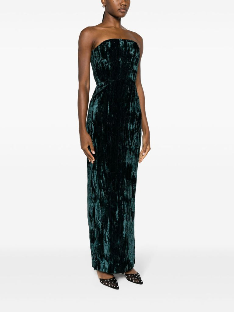 Green Samare Feather Trim Velvet Gown