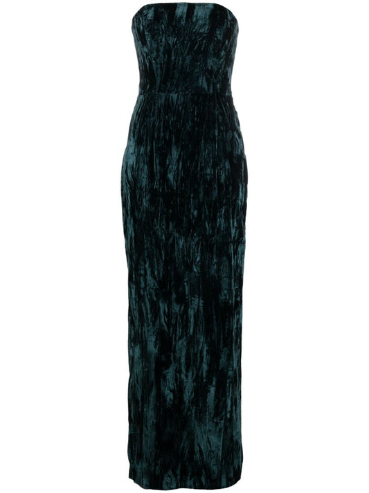 Green Samare Feather Trim Velvet Gown