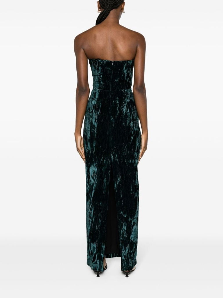 Green Samare Feather Trim Velvet Gown