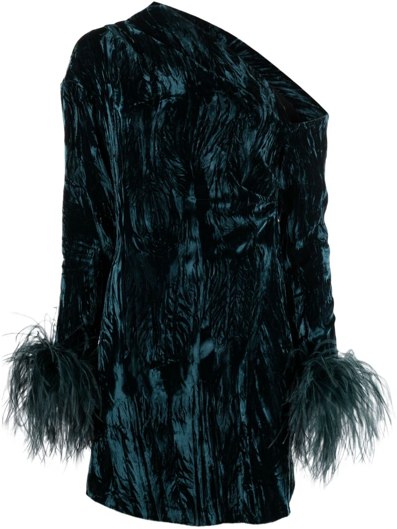 Blue Feather-trim Velvet Dress