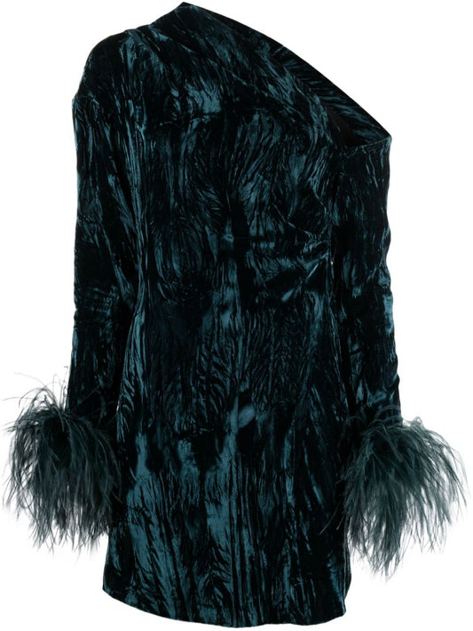 Blue Feather-trim Velvet Dress
