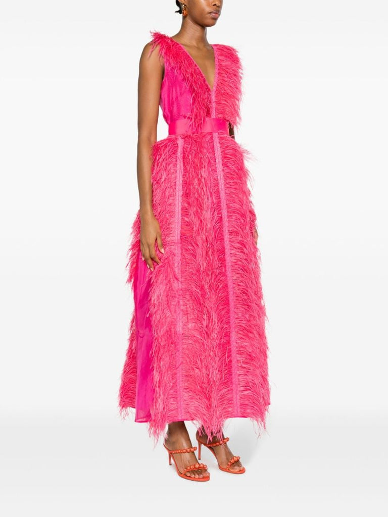 Pink Irina Feather-embellished Silk Gown