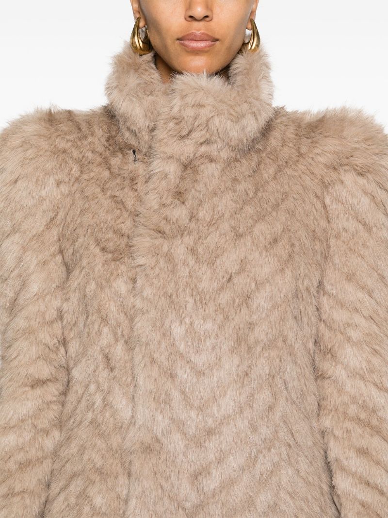 Neutral Chevron-pattern Faux-fur Coat