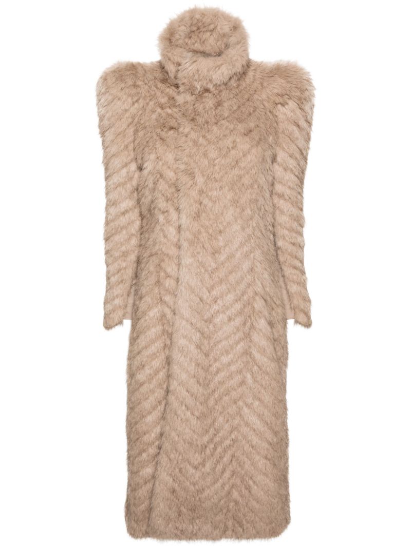 Neutral Chevron-pattern Faux-fur Coat