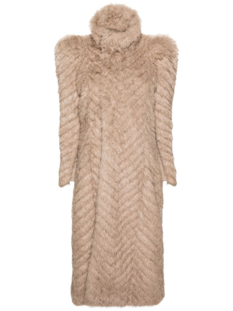 Neutral Chevron-pattern Faux-fur Coat