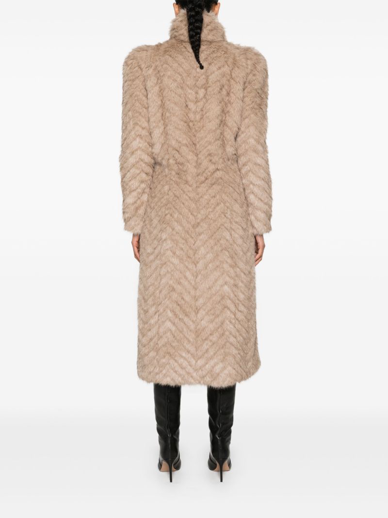 Neutral Chevron-pattern Faux-fur Coat