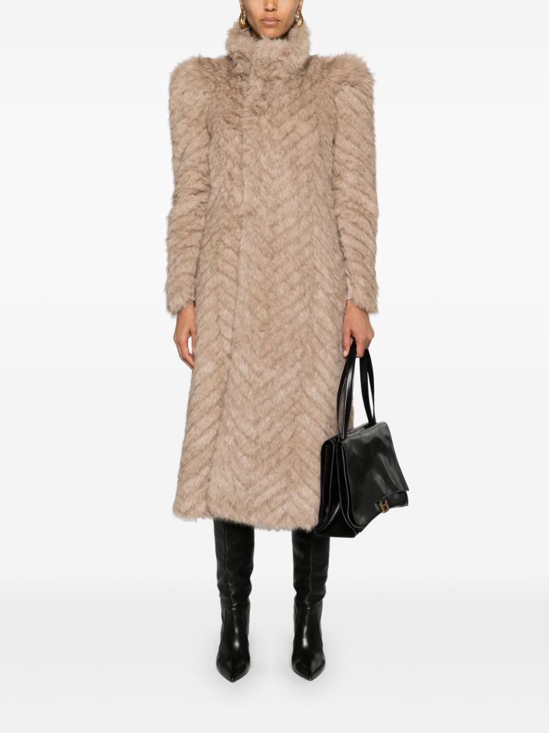 Neutral Chevron-pattern Faux-fur Coat