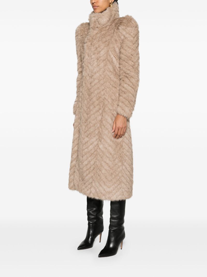 Neutral Chevron-pattern Faux-fur Coat