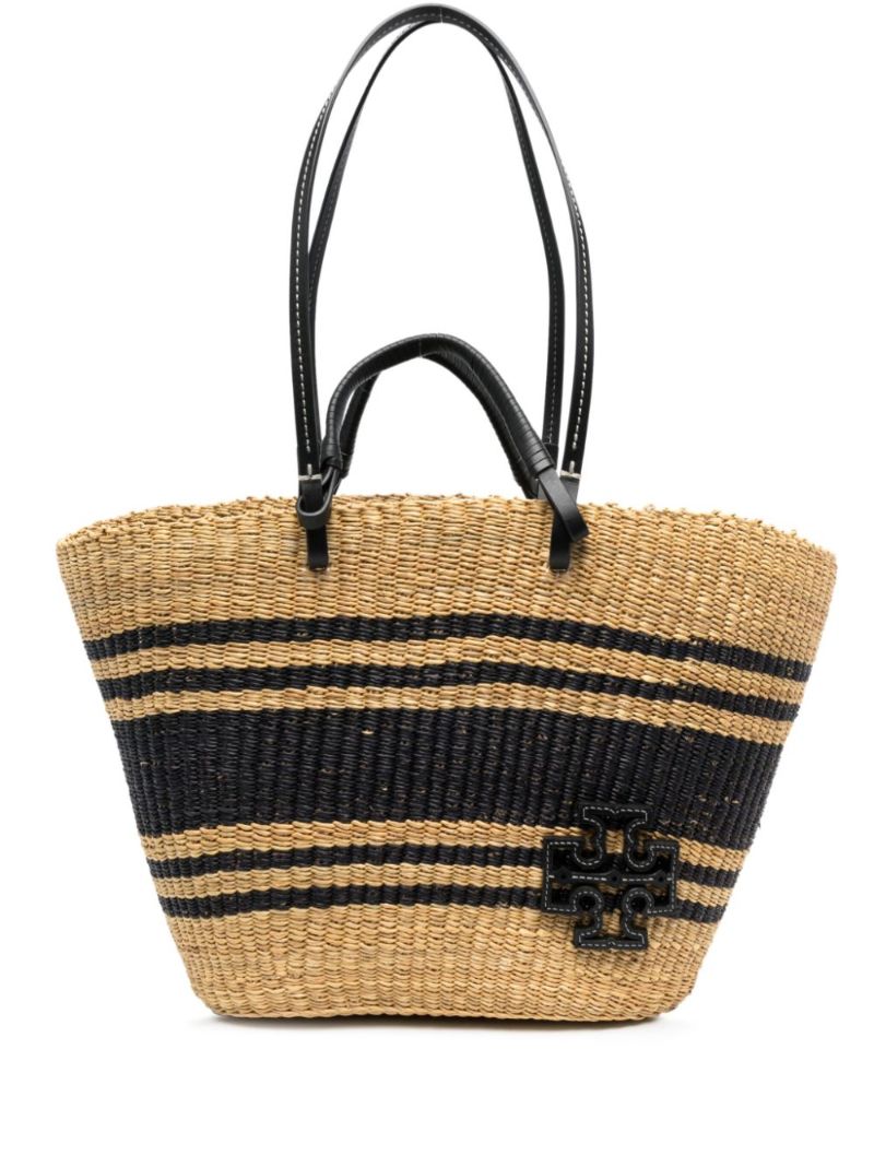 Neutral Striped Raffia Tote Bag