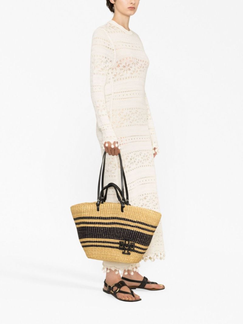 Neutral Striped Raffia Tote Bag