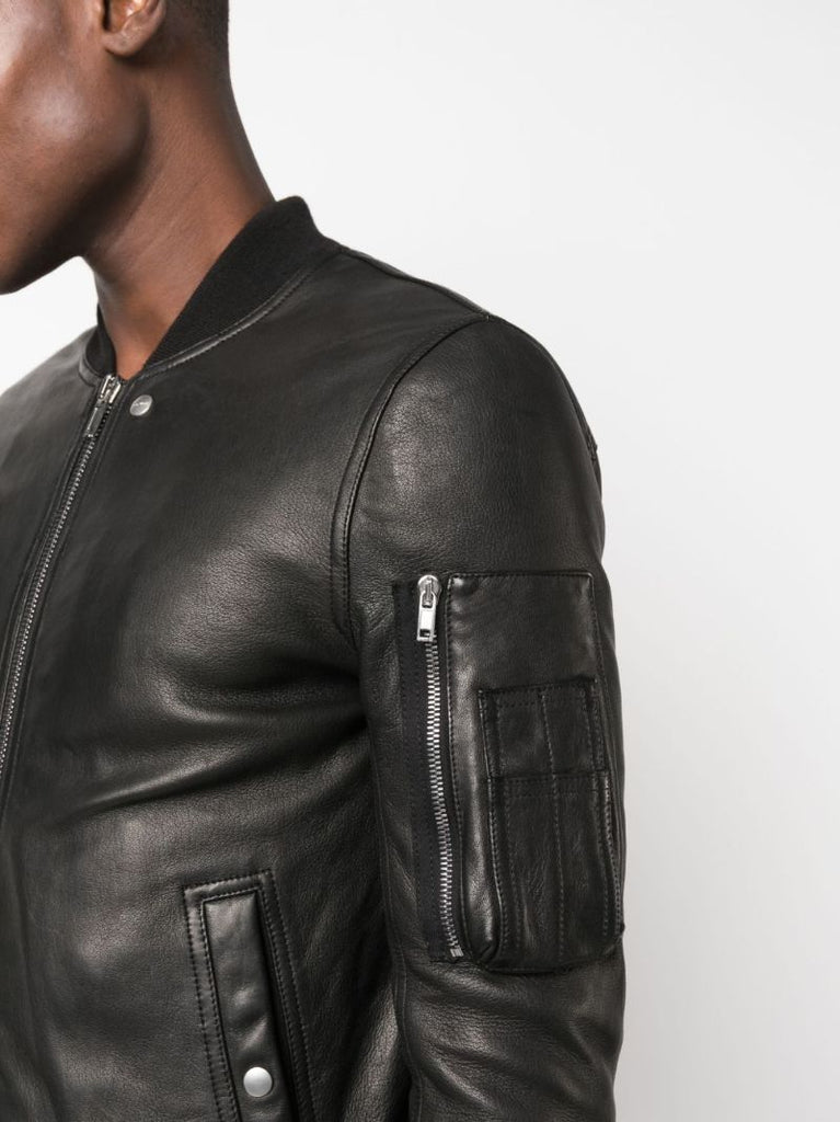 Black Zip-up Leather Bomber Jacket