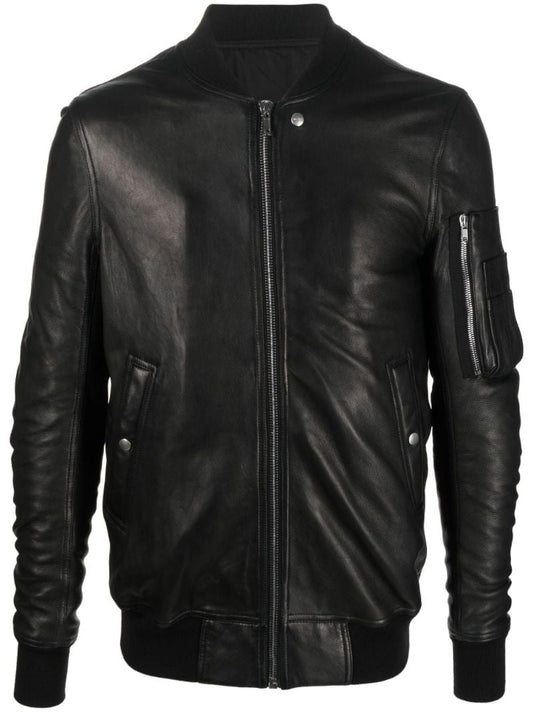 Black Zip-up Leather Bomber Jacket