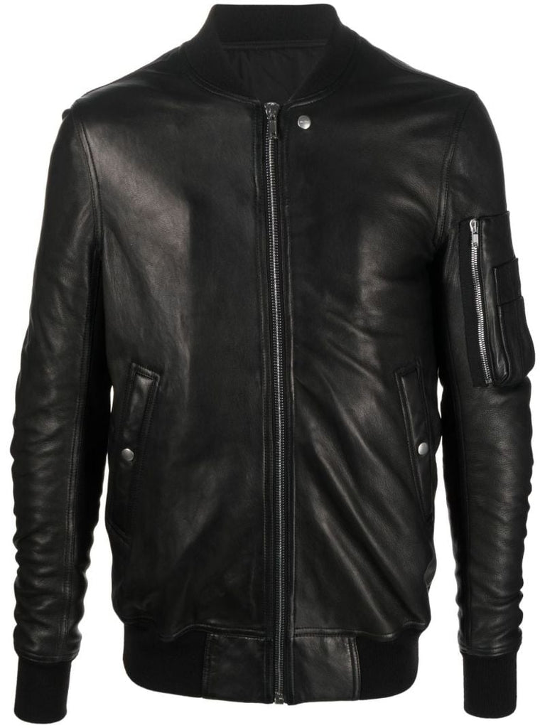 Black Zip-up Leather Bomber Jacket