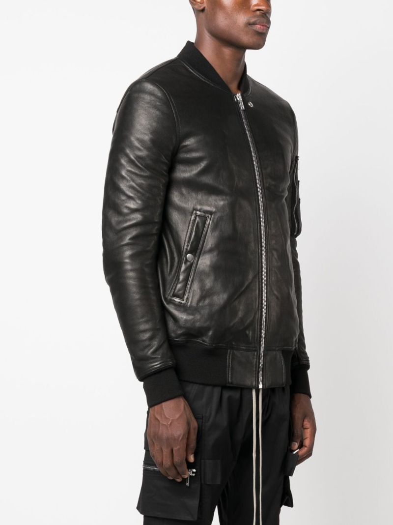 Black Zip-up Leather Bomber Jacket