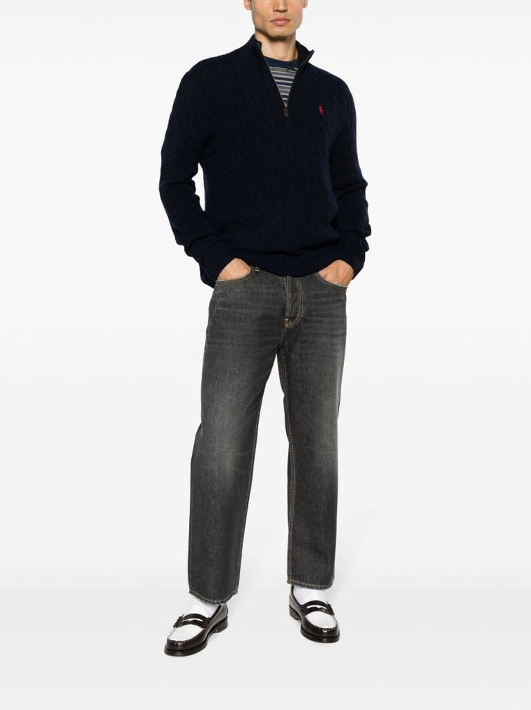 Blue Half-zip Cable-knit Wool Sweater