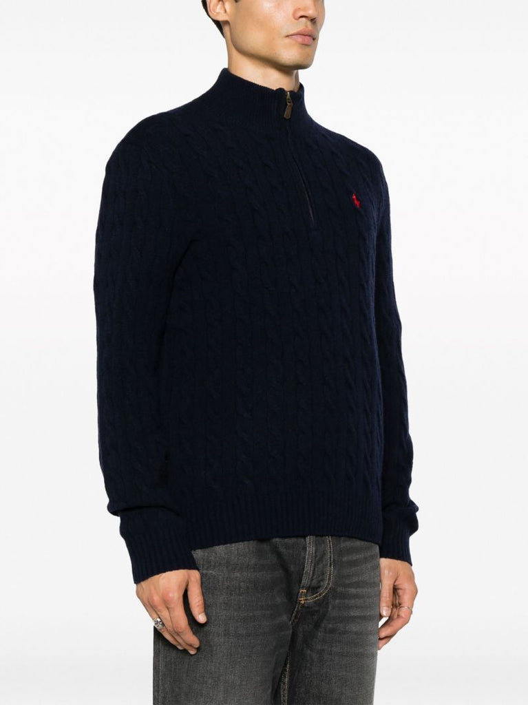 Blue Half-zip Cable-knit Wool Sweater