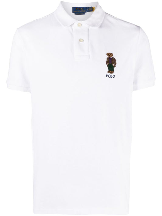 White Polo Bear-embroidered Polo Shirt