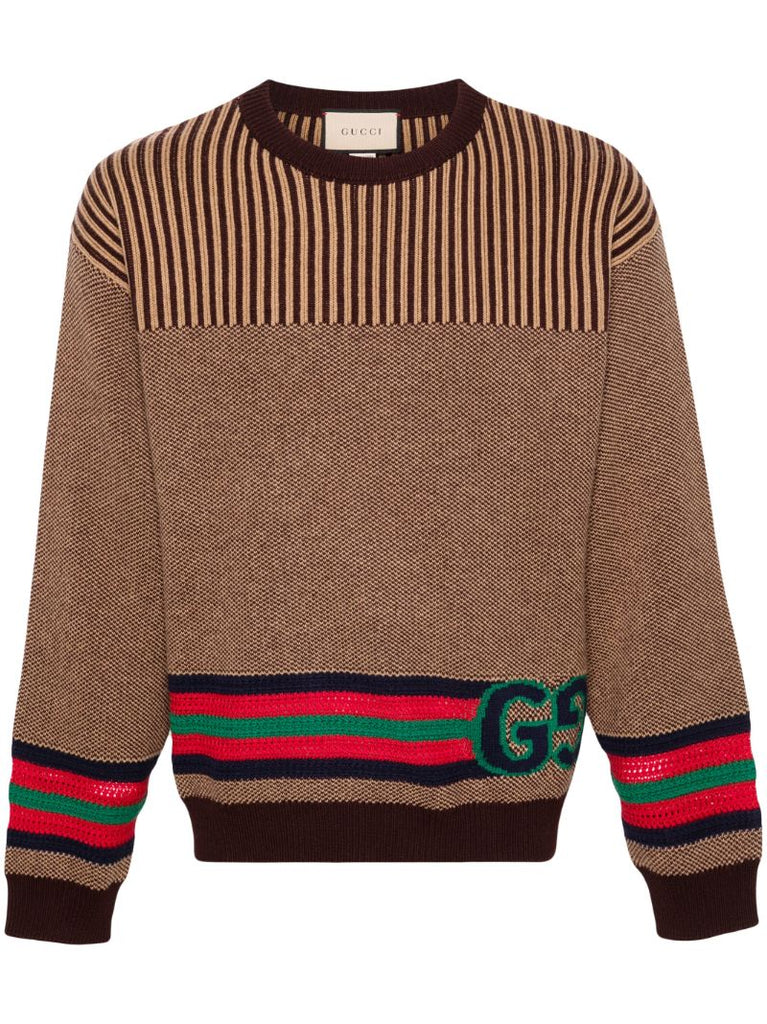 Brown Double G Striped Wool Sweater