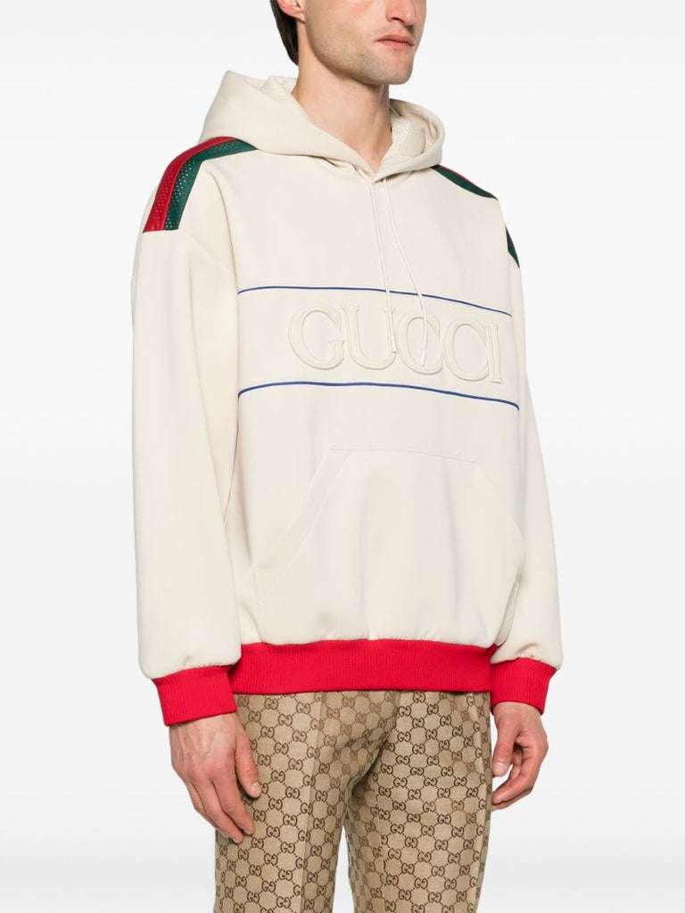 Neutral Web Stripe Logo-embossed Hoodie