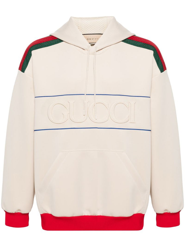 Neutral Web Stripe Logo-embossed Hoodie