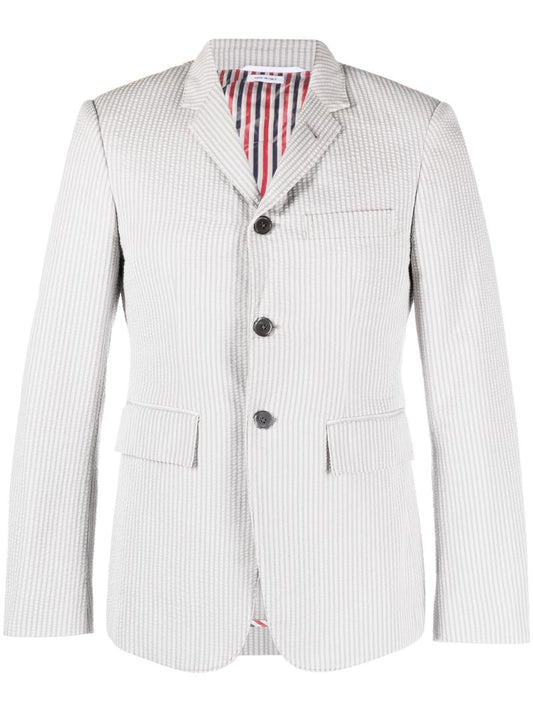 Grey Striped Single-breasted Cotton Blazer