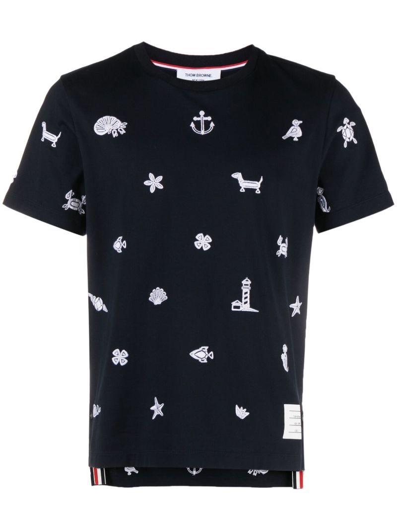 Blue Graphic-embroidered Cotton T-shirt