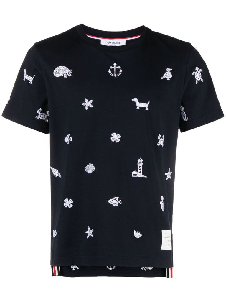 Blue Graphic-embroidered Cotton T-shirt