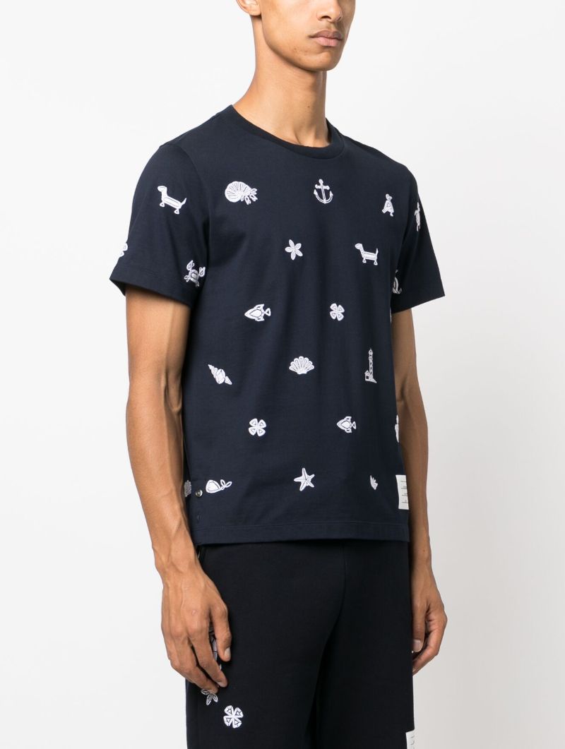 Blue Graphic-embroidered Cotton T-shirt