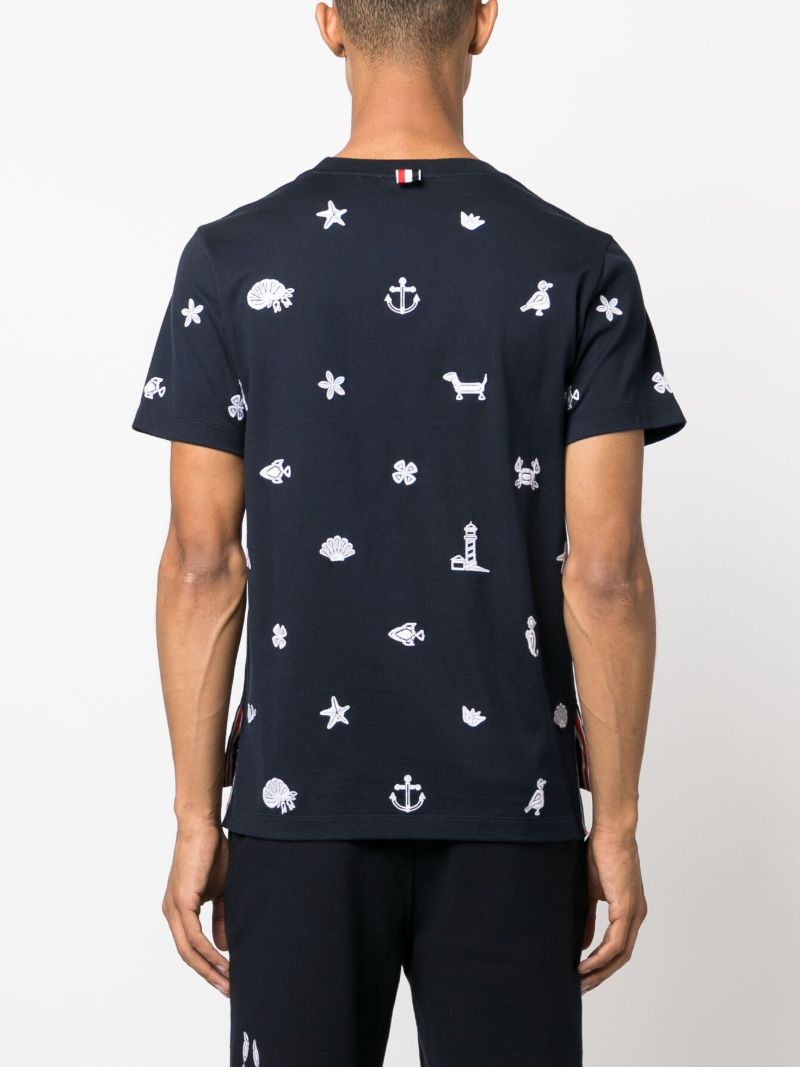 Blue Graphic-embroidered Cotton T-shirt