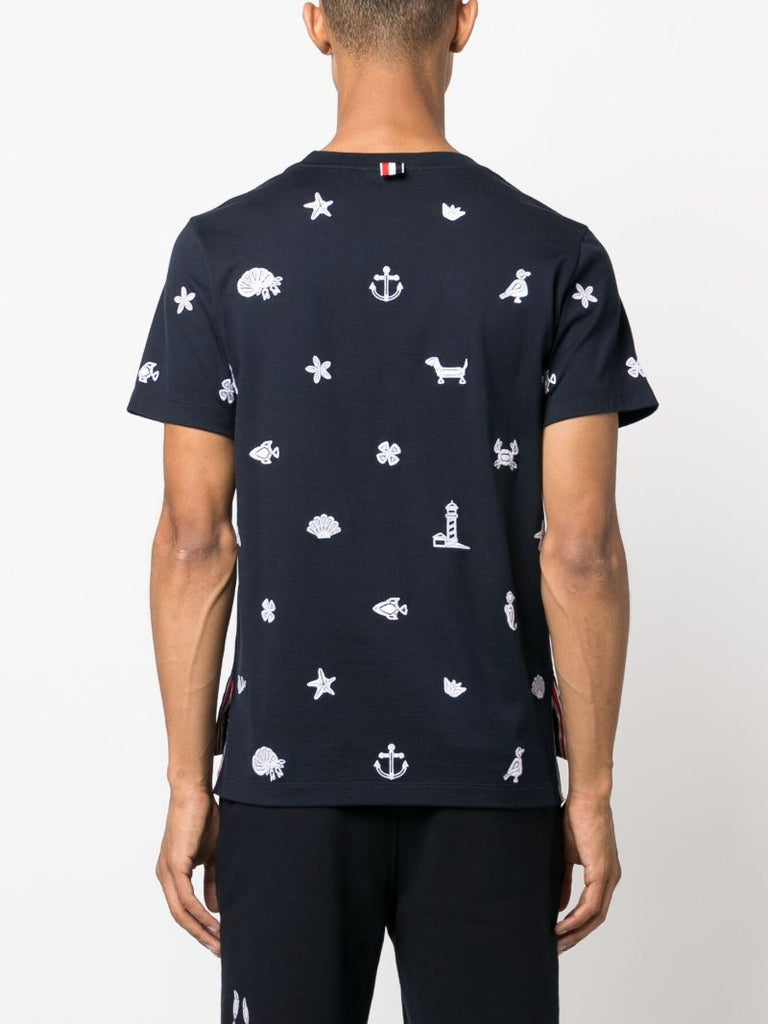 Blue Graphic-embroidered Cotton T-shirt