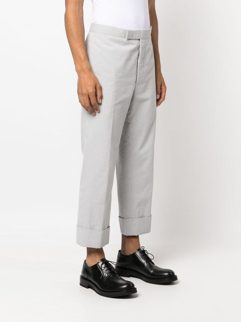 Grey Striped Cotton Straight Trousers