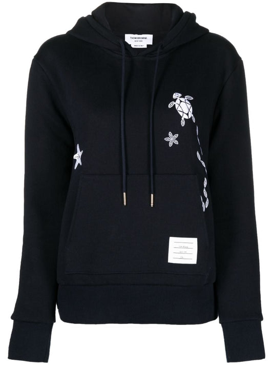 Blue Nautical-embroidered Cotton Hoodie