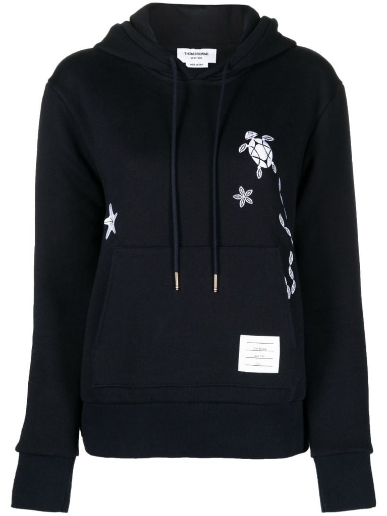Blue Nautical-embroidered Cotton Hoodie