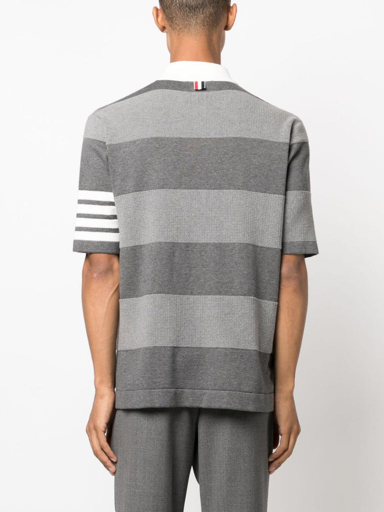 Grey Striped 4-bar Cotton Polo Shirt