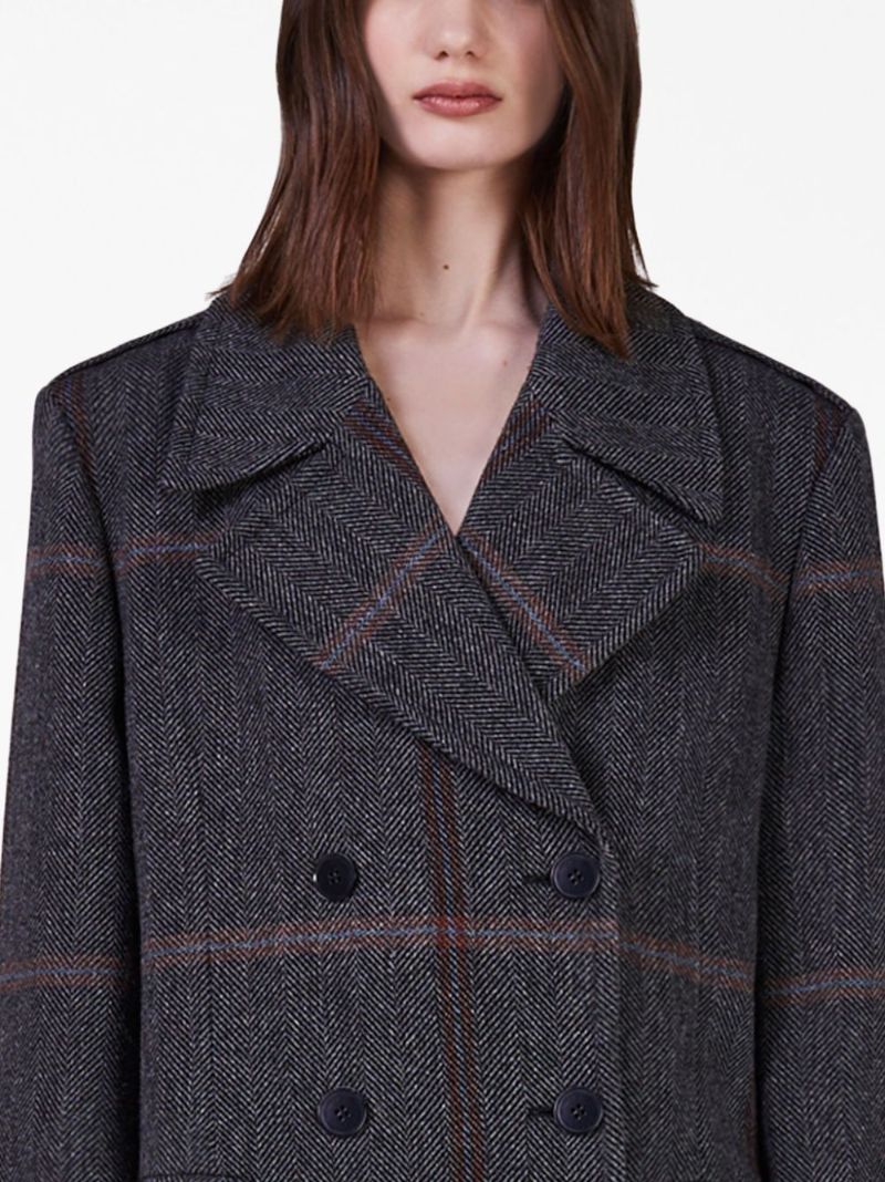 Grey Double-breasted Herringbone Wool Coat