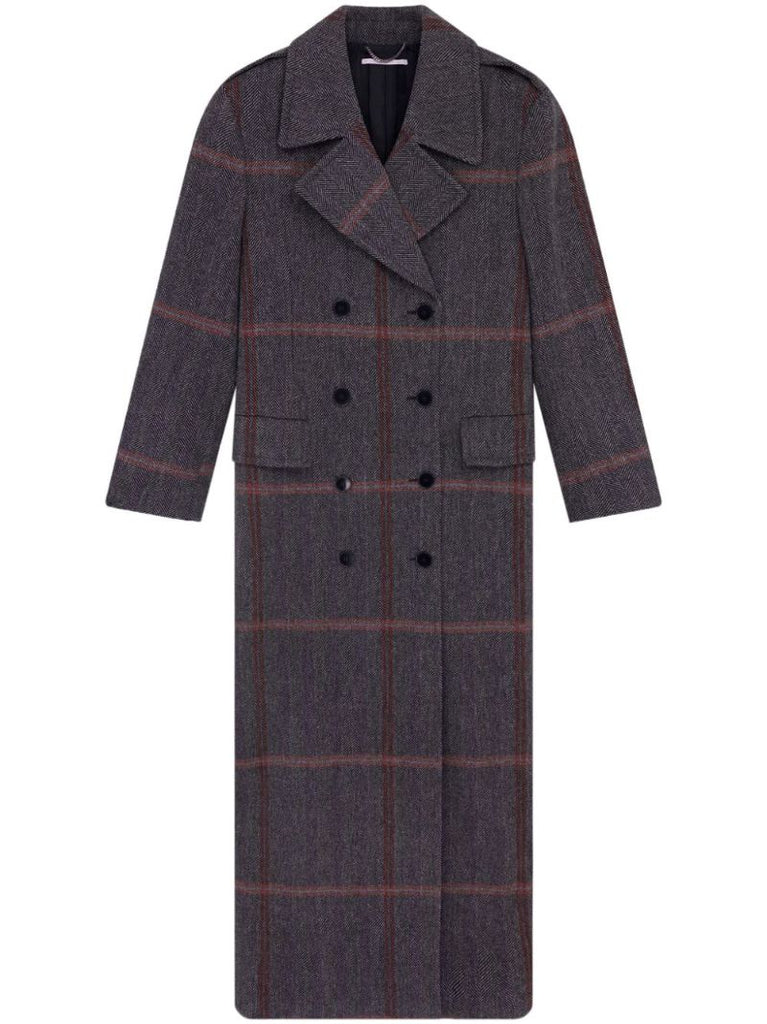Grey Double-breasted Herringbone Wool Coat
