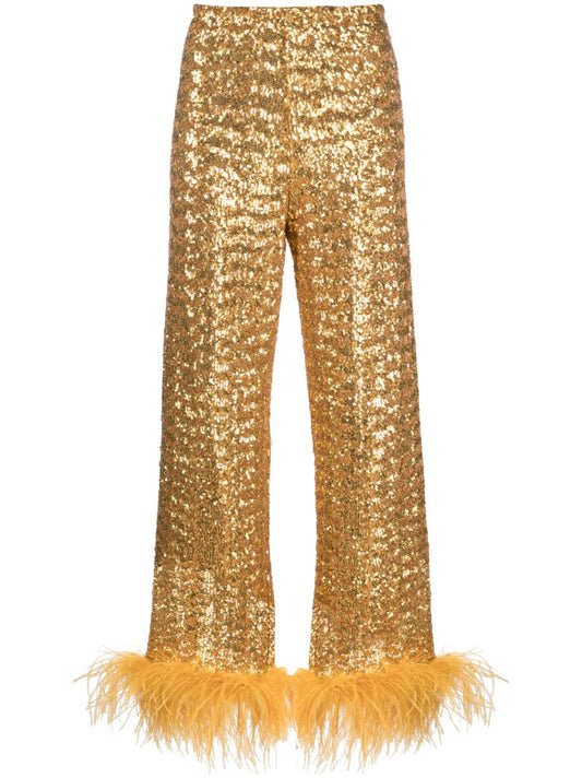 Gold Paillettes Plumage Feather-trim Trousers