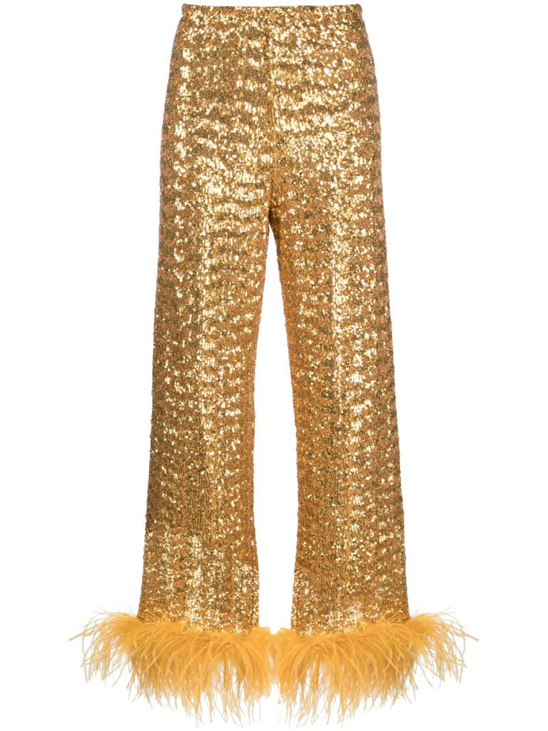 Gold Paillettes Plumage Feather-trim Trousers