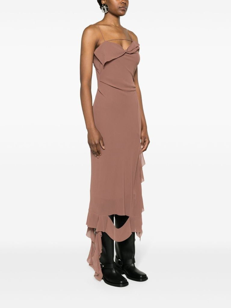 Brown Ruffled-strap Midi Dress