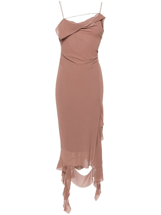 Brown Ruffled-strap Midi Dress