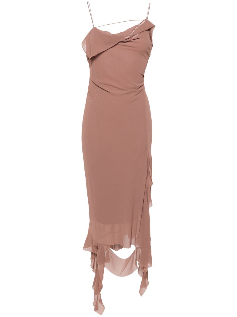Brown Ruffled-strap Midi Dress