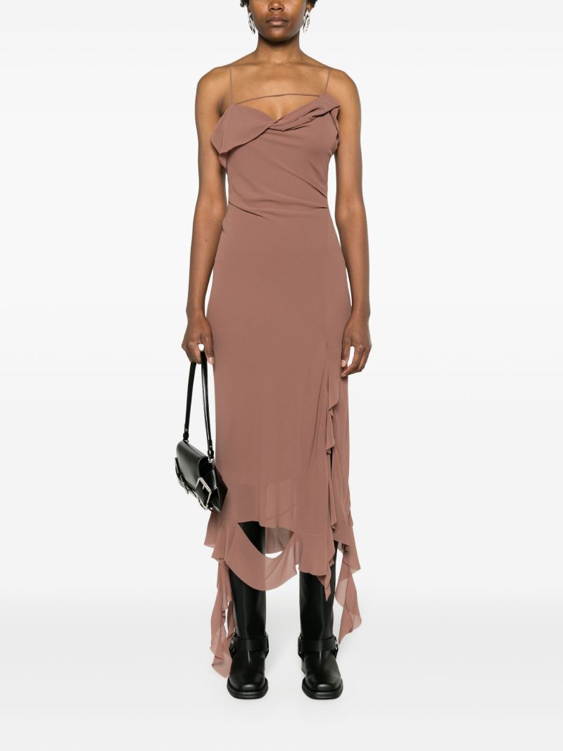 Brown Ruffled-strap Midi Dress