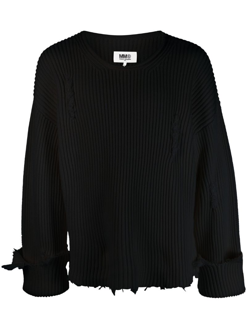 Neutral Distressed Ribbed Sweater