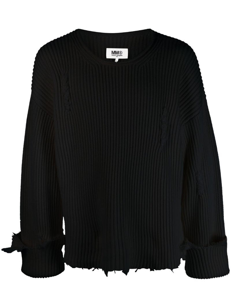 Neutral Distressed Ribbed Sweater