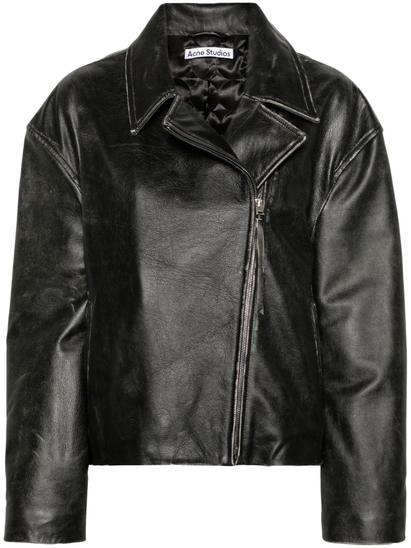 Black Distressed-effect Leather Biker Jacket