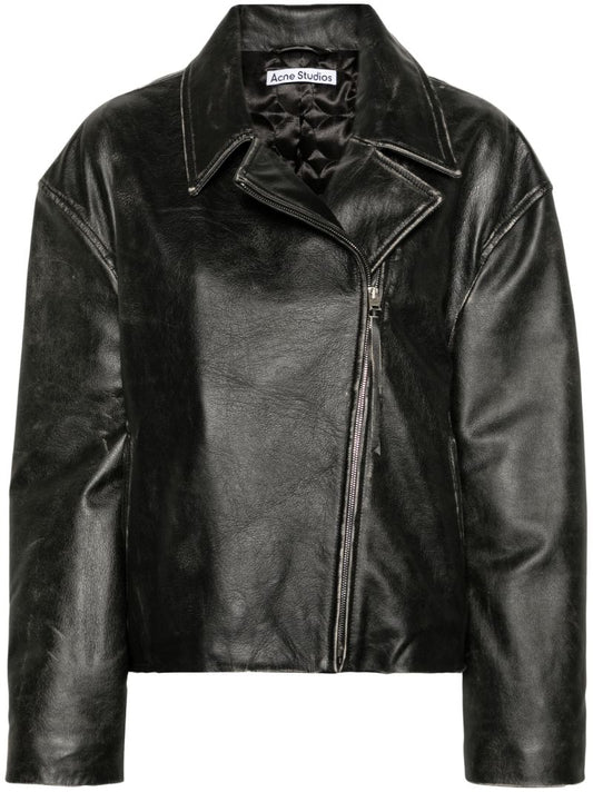 Black Distressed-effect Leather Biker Jacket