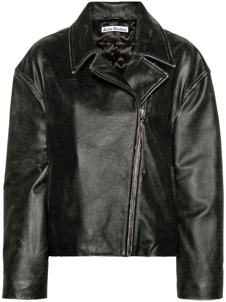 Black Distressed-effect Leather Biker Jacket