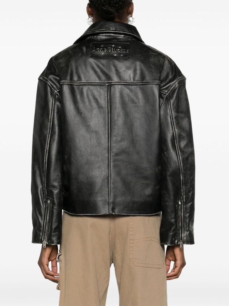 Black Distressed-effect Leather Biker Jacket