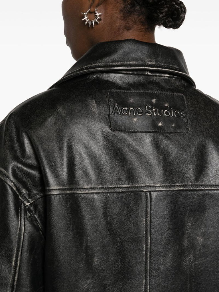 Black Distressed-effect Leather Biker Jacket