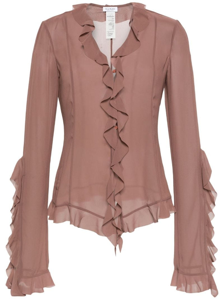 Brown Ruffled Semi-sheer Blouse